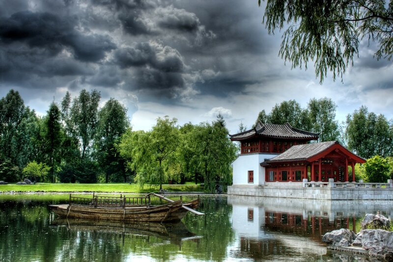 Traditional Pavilion by Lake — Green