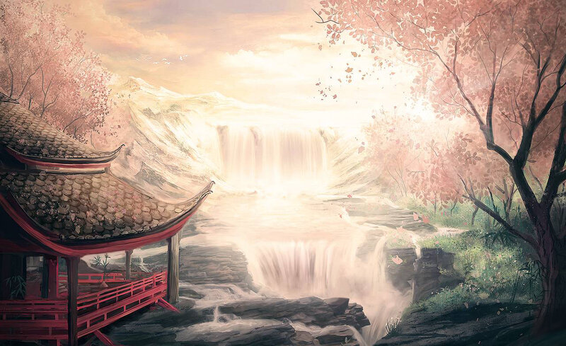 Traditional Pavilion by Waterfall — Pink