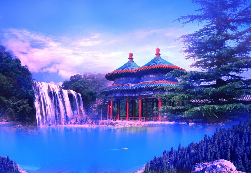 Traditional Pavilion by Waterfall