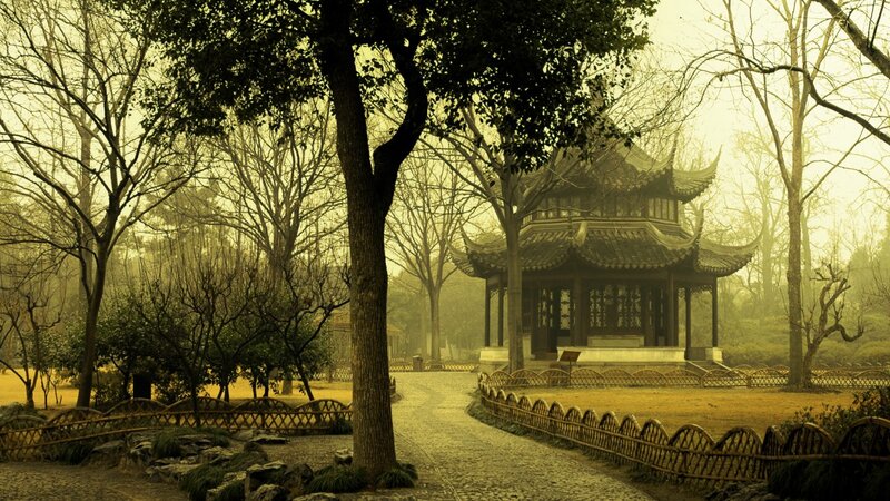 Traditional Pavilion in Garden — Green, Serene, Autumn, Photograph