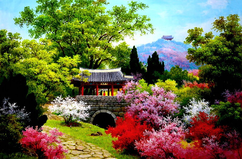 Traditional Pavilion in Garden — Green, Serene, Spring, Painting