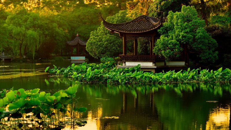 Traditional Pavilion in Garden — Green, Serene, Sunset