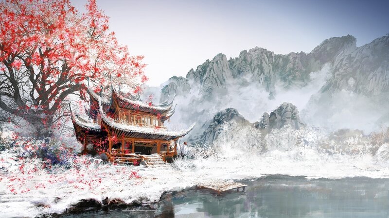Traditional Pavilion in Snow — Red, Serene