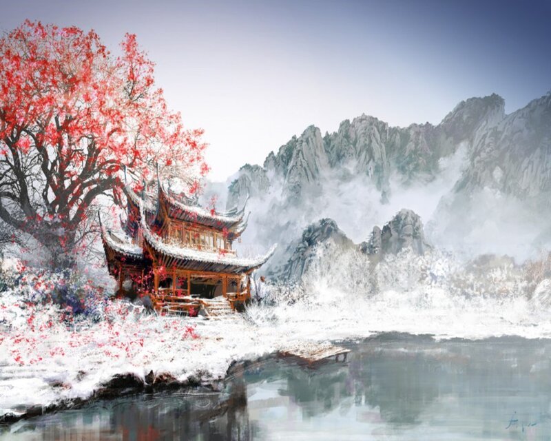 Traditional Pavilion in Snow — Red, Serene, Winter