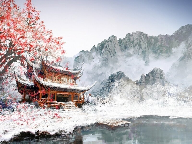 Traditional Pavilion in Snow — White, Serene