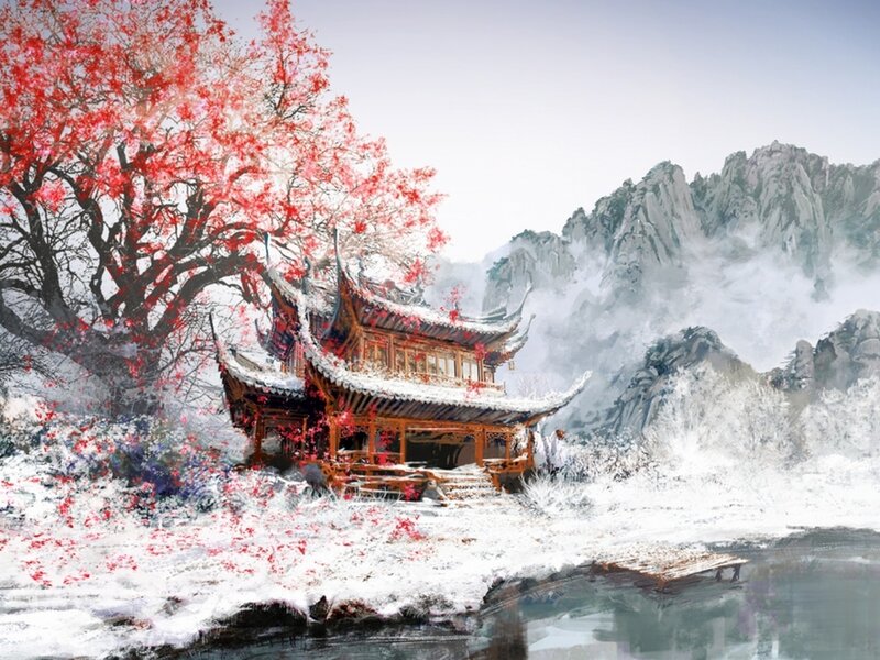 Traditional Pavilion in Snow — White, Serene, Winter