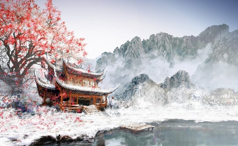 Traditional Pavilion in Snow — White