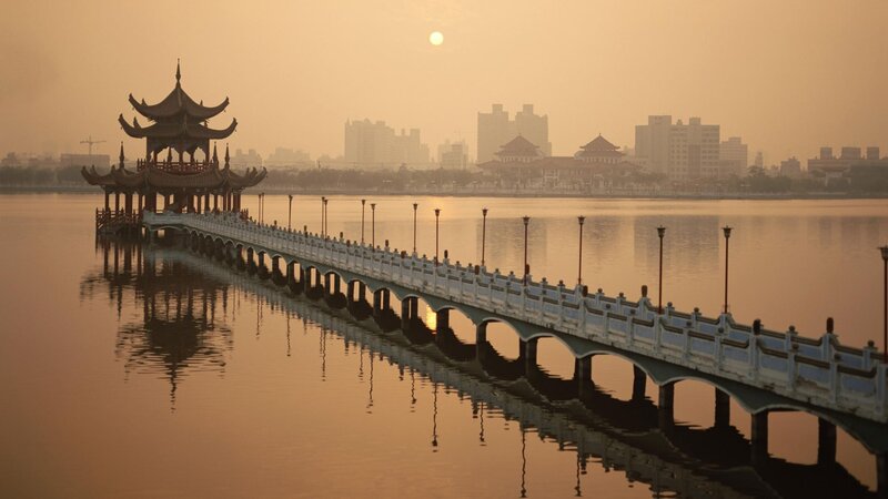Traditional Pavilion on Bridge — Orange