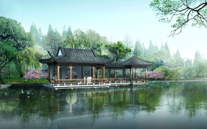 Traditional Pavilion on Lake — Green