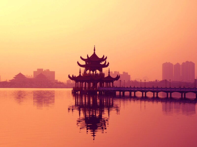 Traditional Pavilion on Lake — Orange