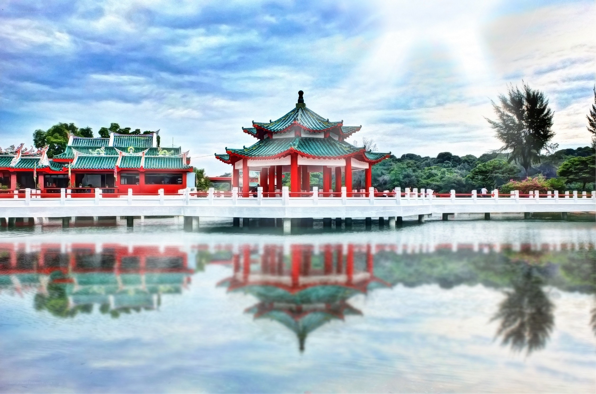 Traditional pavilion over a lake