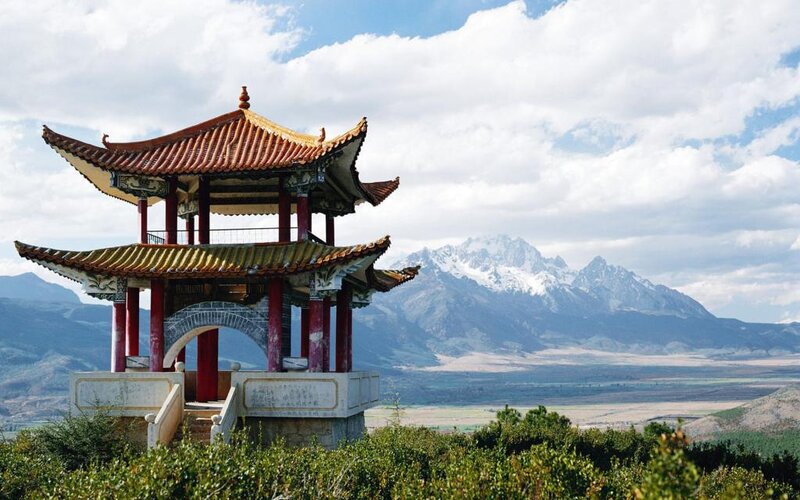 Traditional pavilion with mountain view