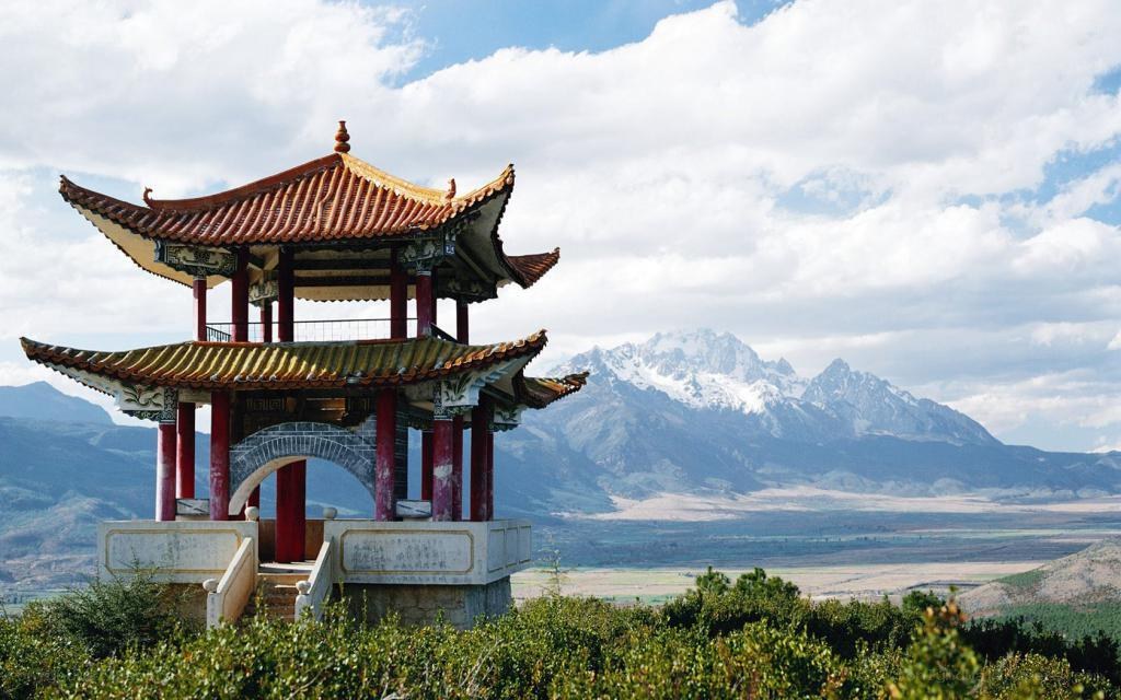 Traditional pavilion with mountain view