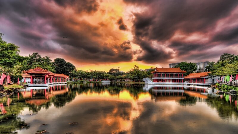 Traditional Pavilions on Lake — Orange