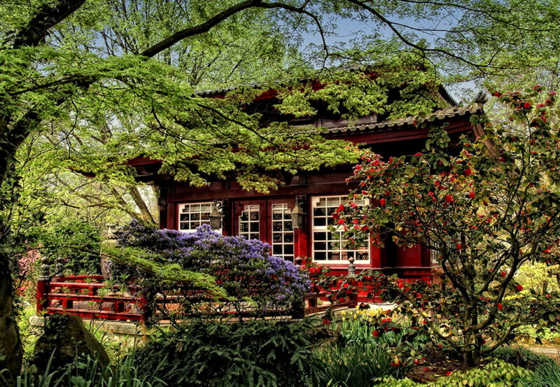 Traditional red pavilion in a garden