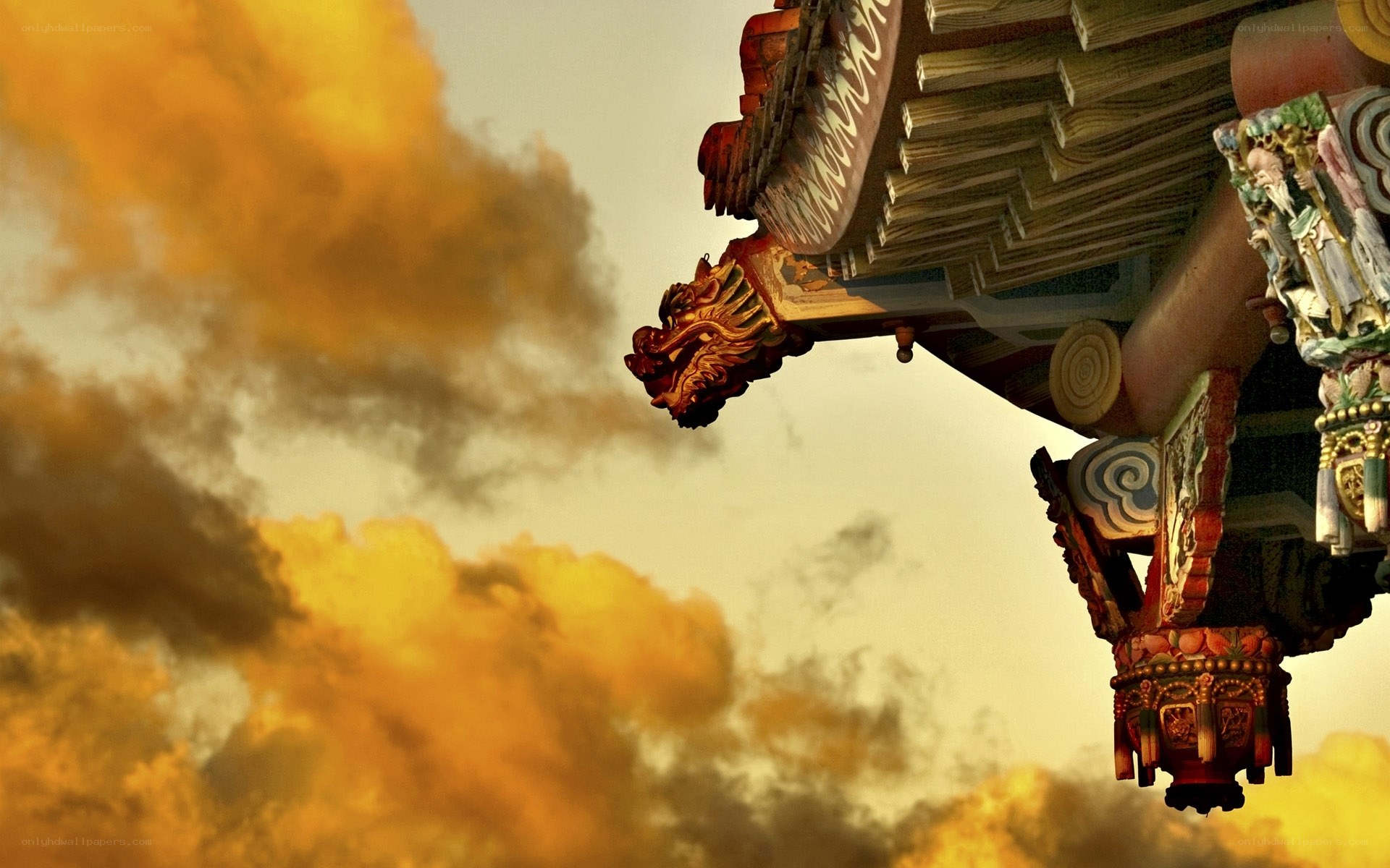 Traditional roof at sunset