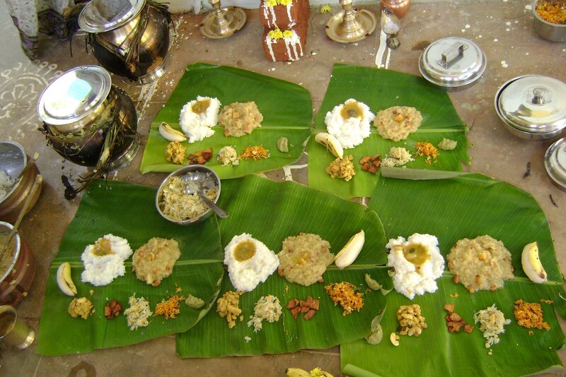 Traditional South Indian meal on banana leaves