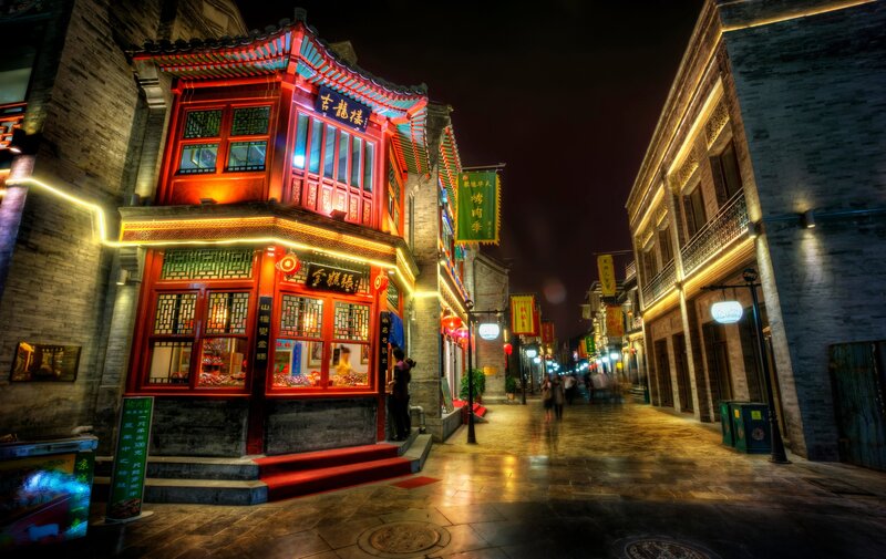 Traditional Street at Night — Red, Dramatic, Photograph