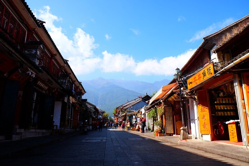 Traditional Street with Mountains
