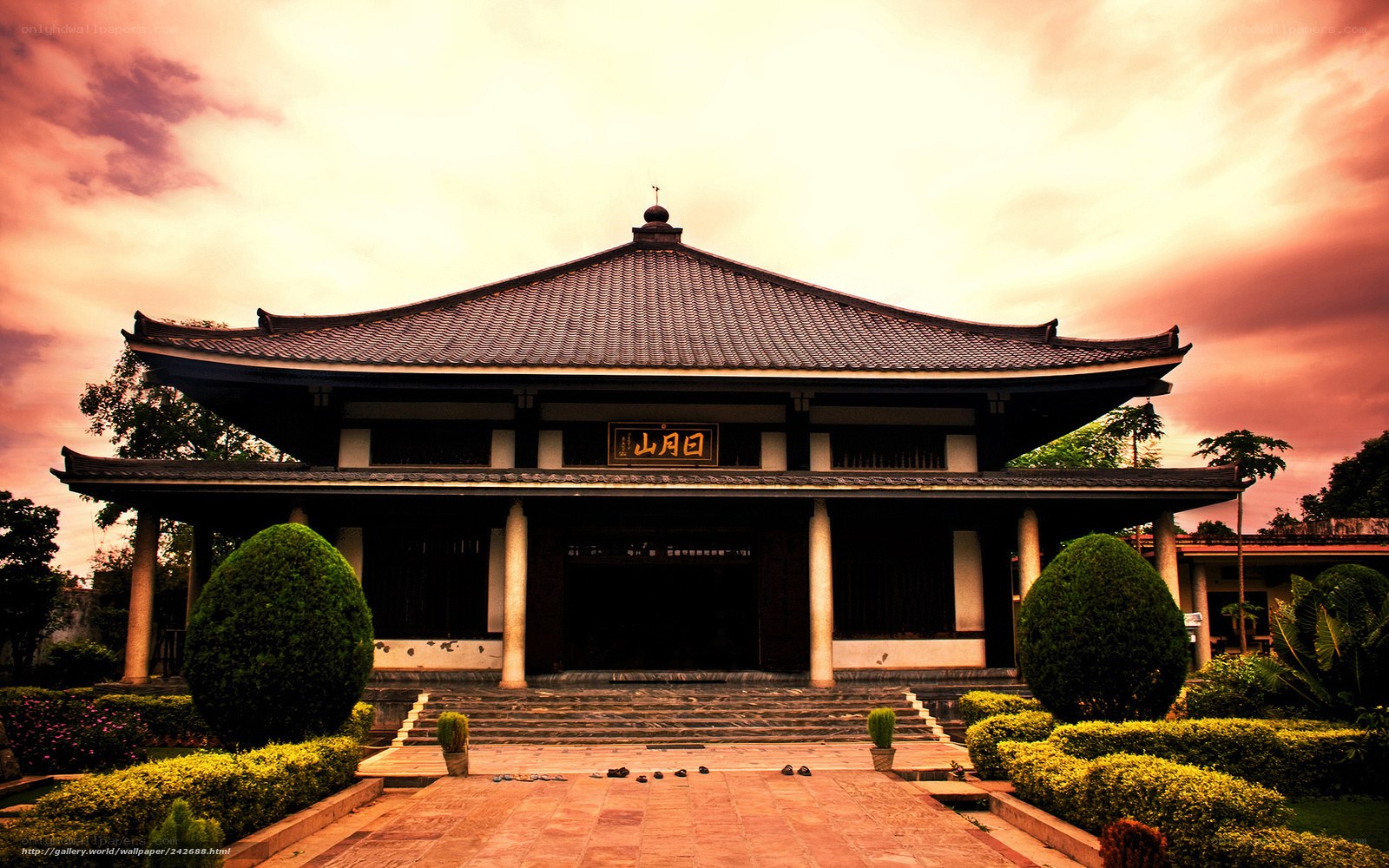 Traditional temple at sunset