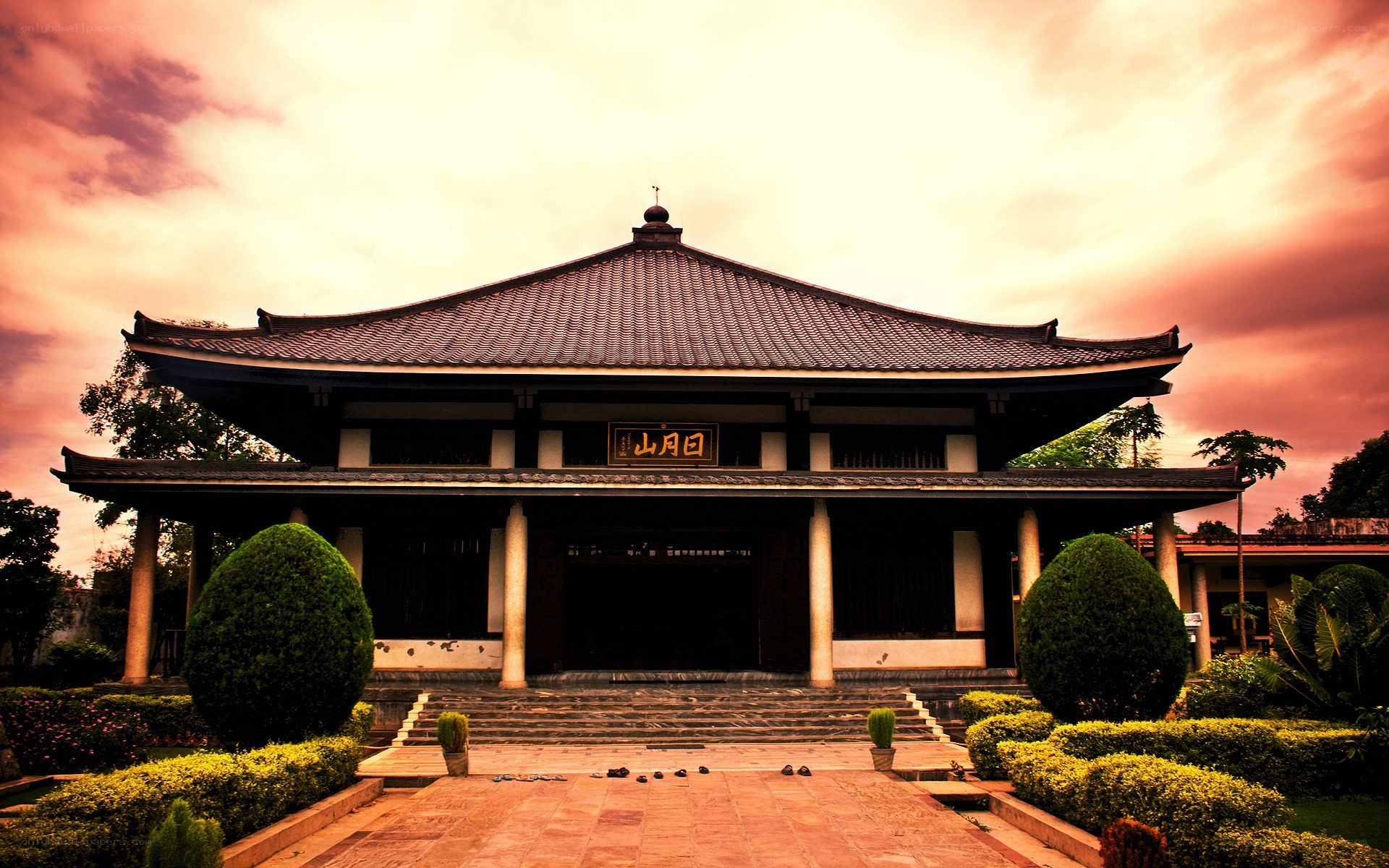 Traditional temple at sunset