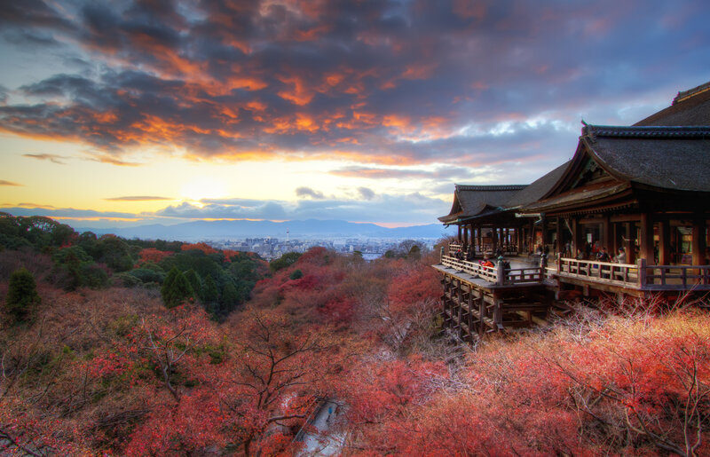 Traditional Temple at Sunset — Red