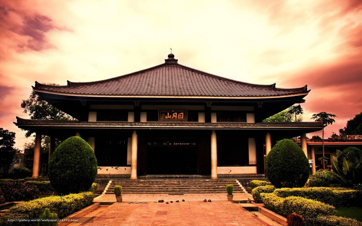 Traditional temple at sunset