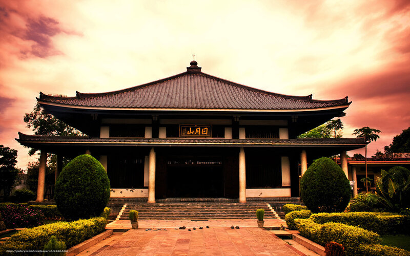 Traditional Temple Building — Orange, Dramatic, Sunset