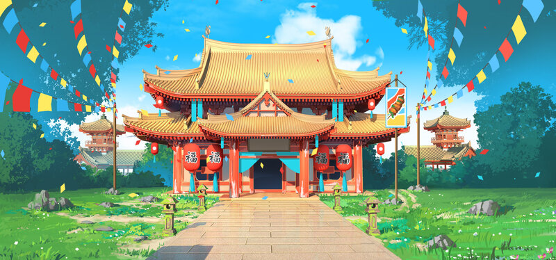 Traditional Temple Complex — Green, Festive