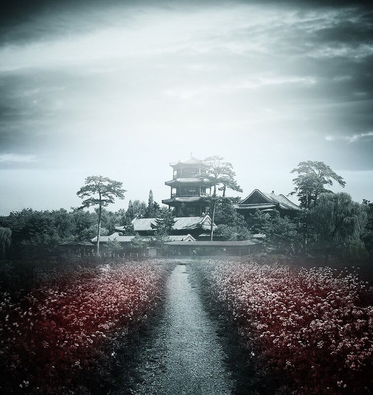 Traditional temple in a flower field