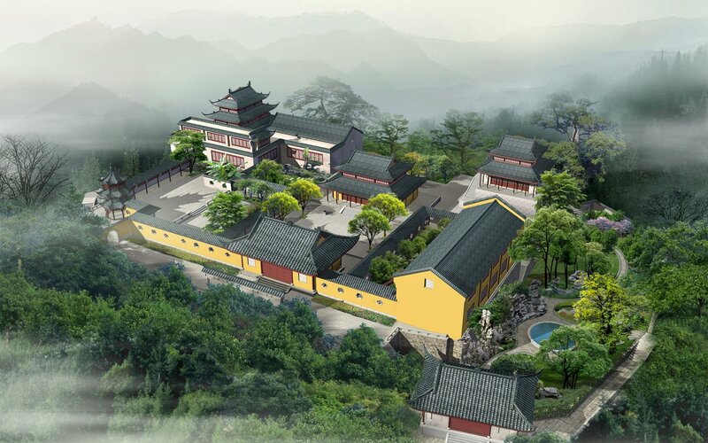 Traditional temple in mountainous landscape
