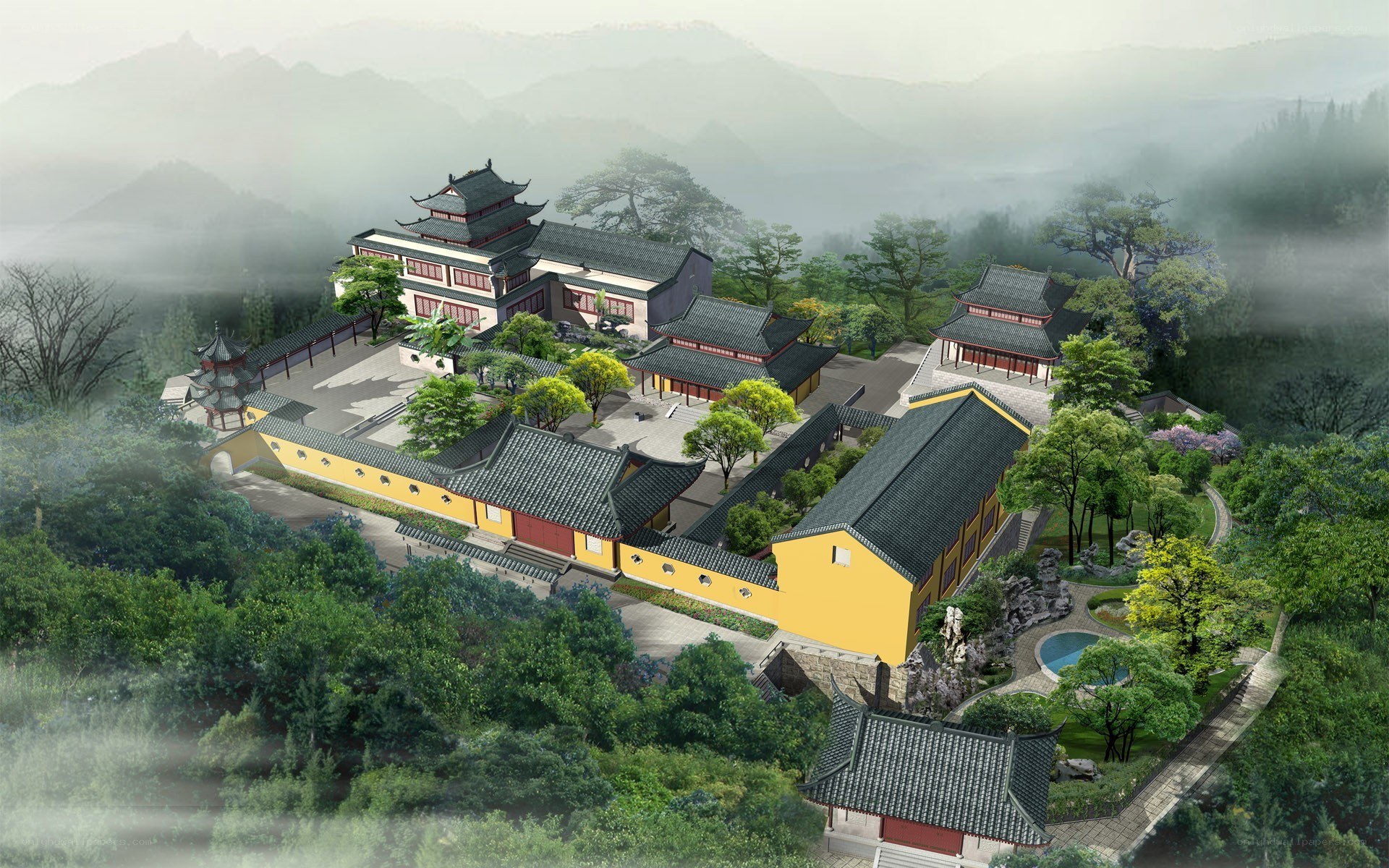 Traditional temple in mountainous landscape