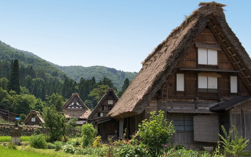 Traditional thatched-roof houses in Japan