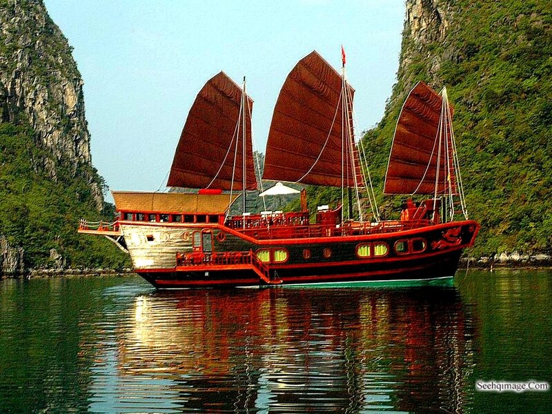 Traditional Vietnamese Junk Boat — Red