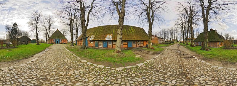 Traditional village with cobblestone paths