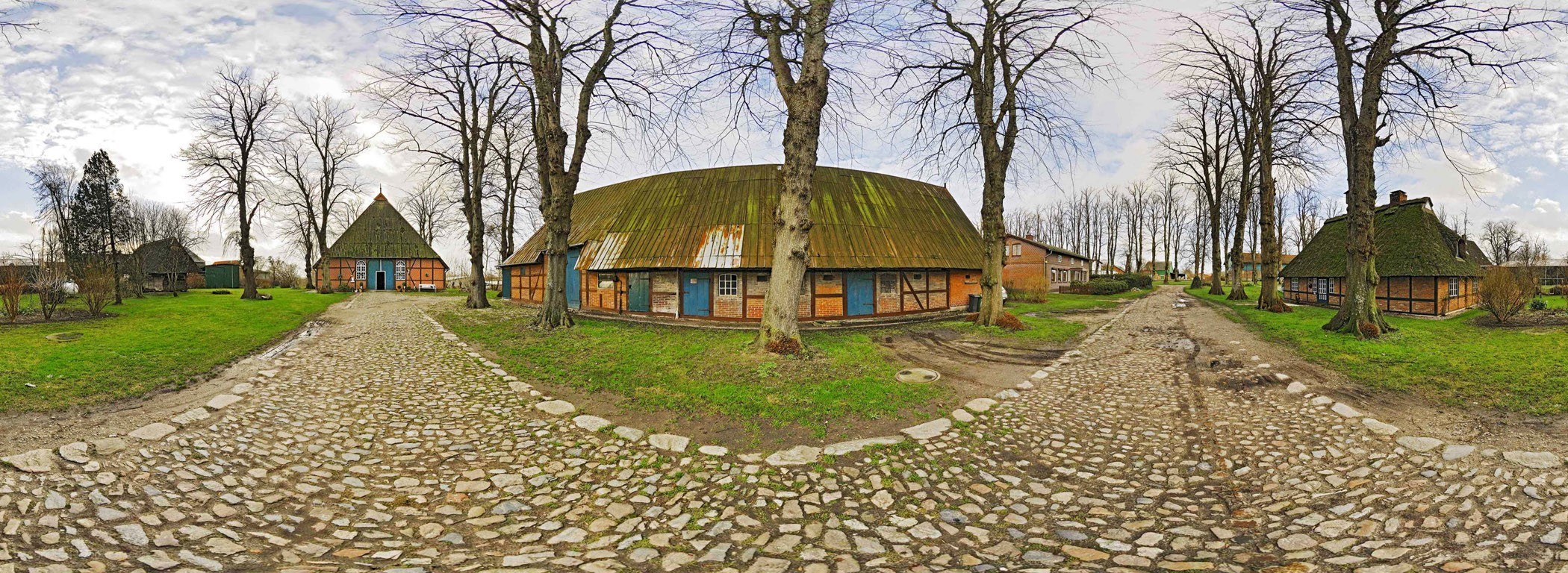 Traditional village with cobblestone paths