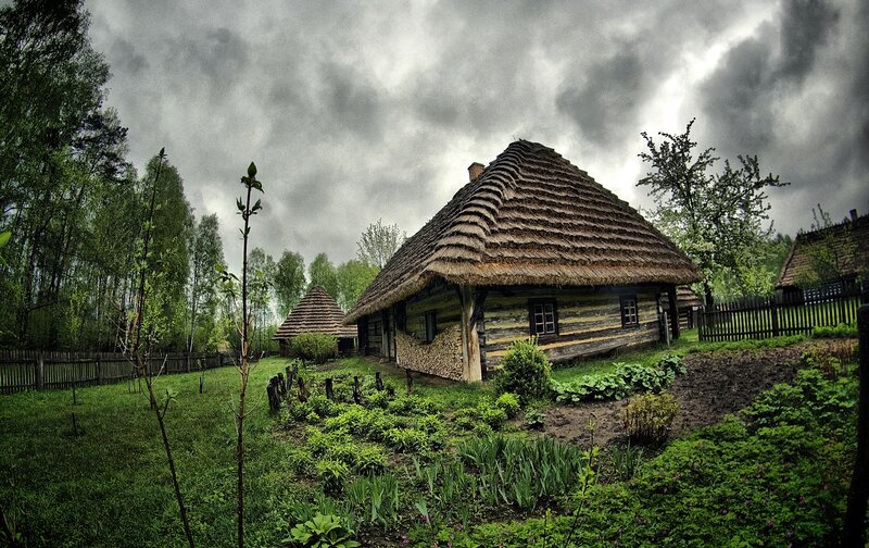 Traditional wooden house with thatched roof