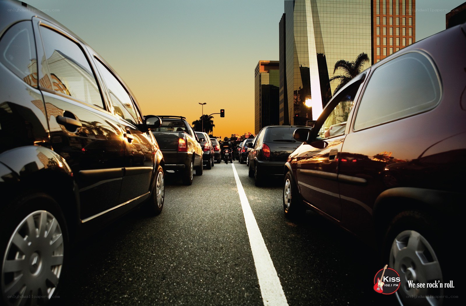 Traffic jam at sunset