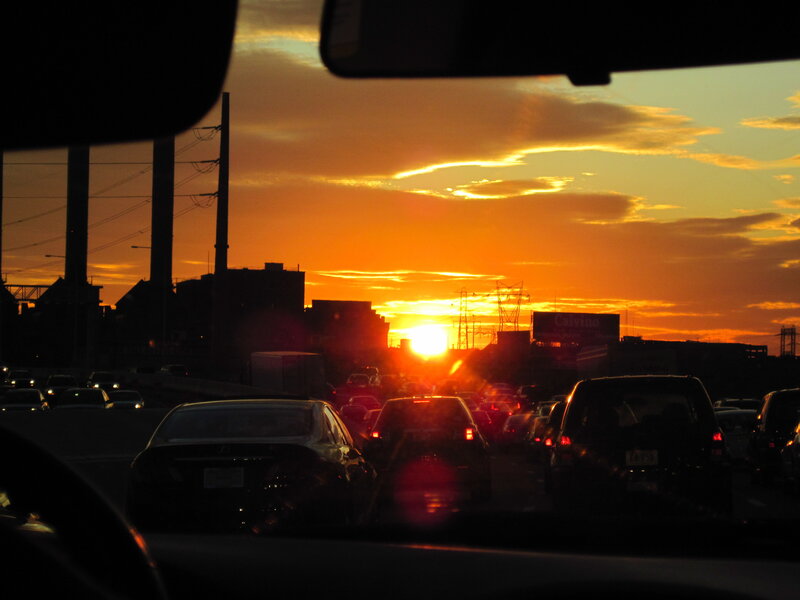 Traffic jam at sunset