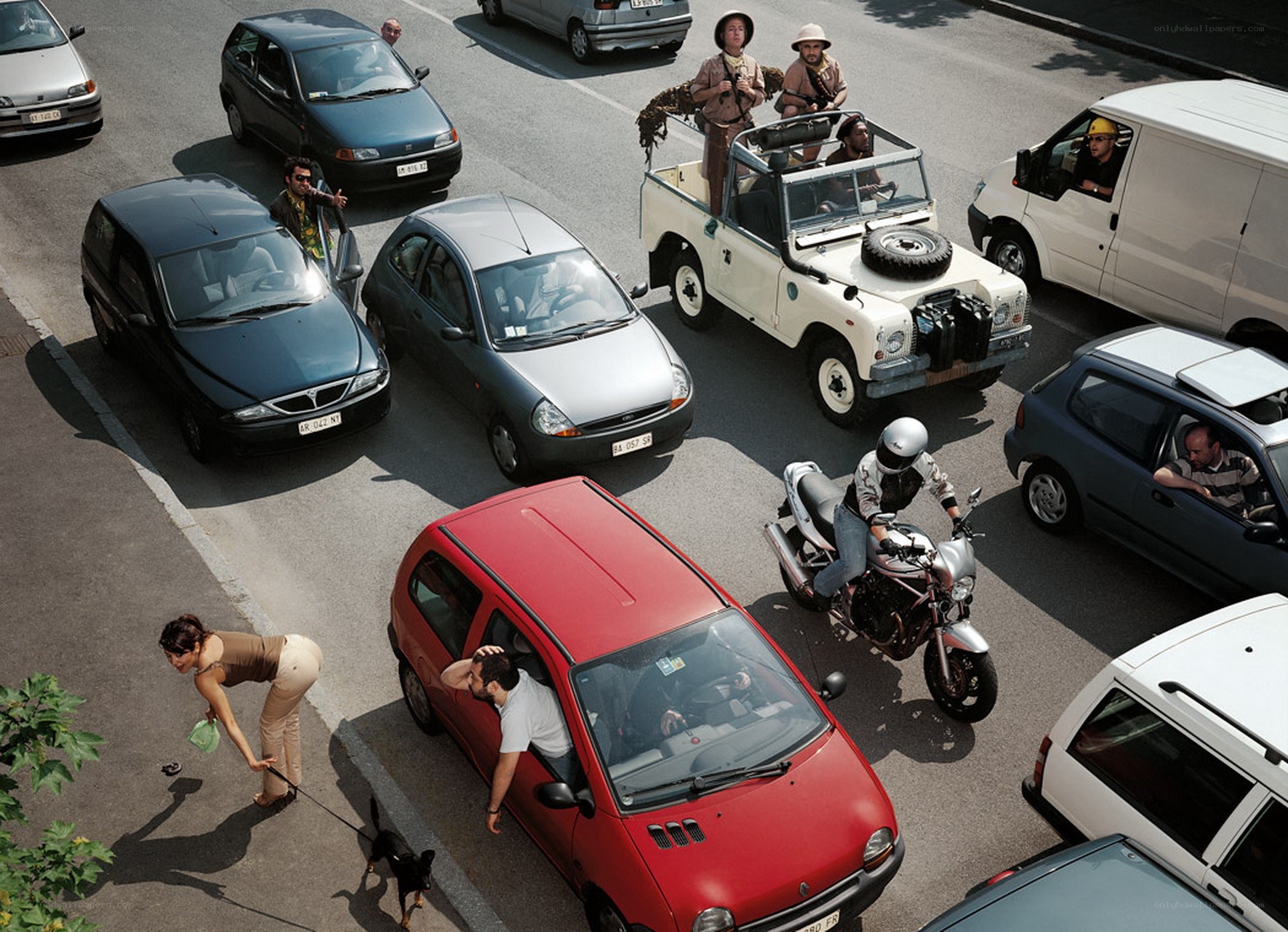 Traffic jam with vintage jeep