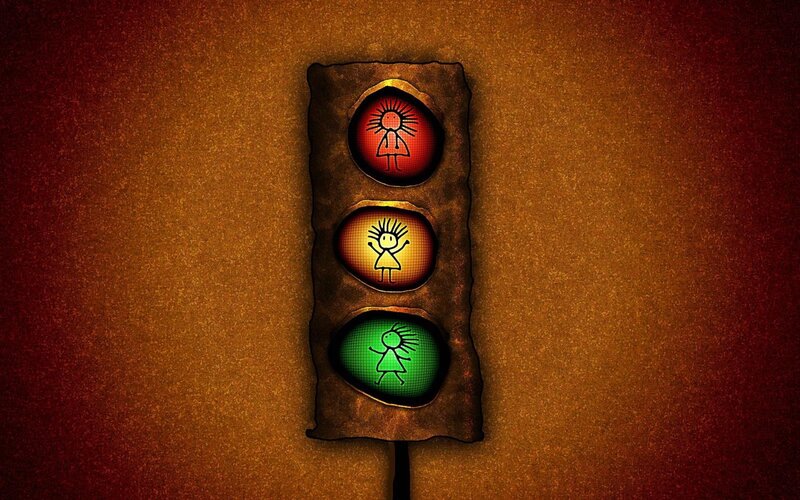 Traffic Light with Stick Figures — Brown, Dramatic, Digital Art, Stick Figures