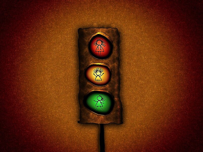 Traffic Light with Stick Figures — Brown, Dramatic, Digital Art