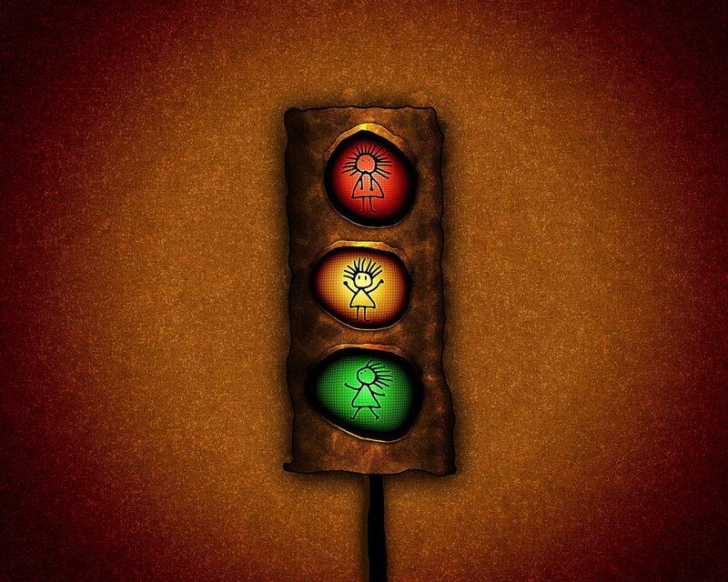 Traffic Light with Stick Figures — Brown, Dramatic