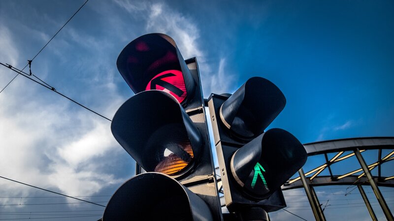 Traffic Lights at Intersection — Blue, Dramatic
