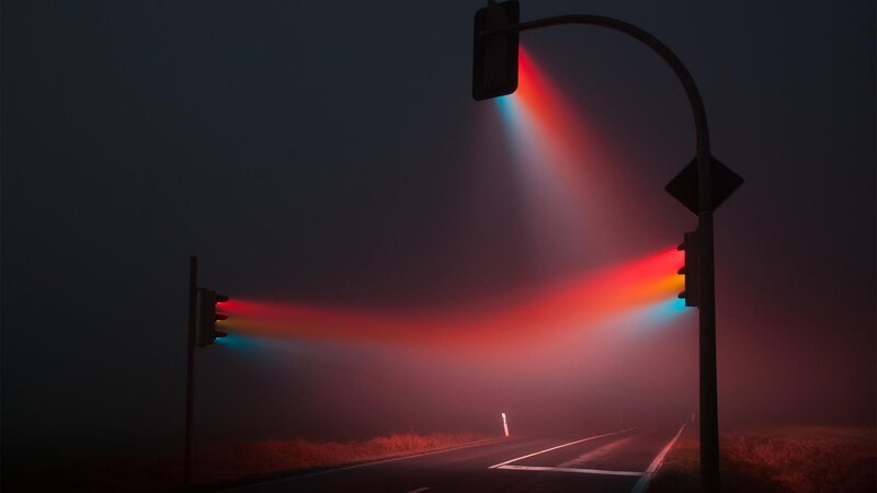 Traffic Lights on Foggy Road — Red, Dark