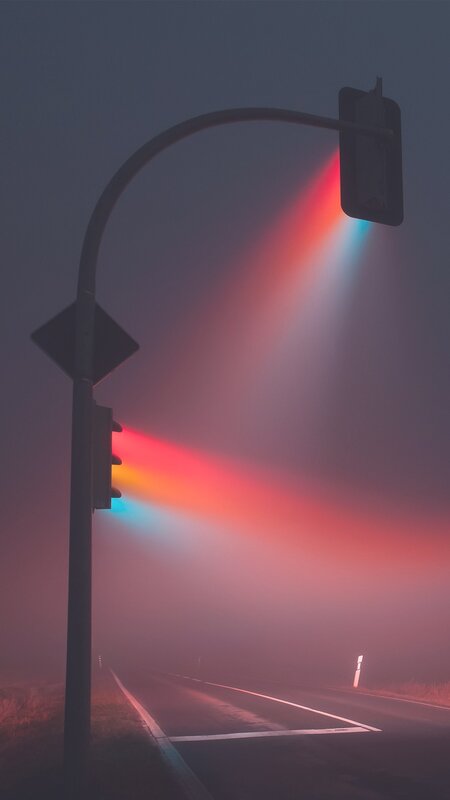 Traffic Lights on Foggy Road — Red, Mysterious
