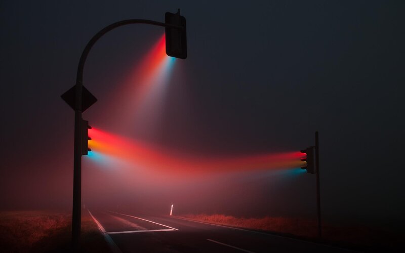 Traffic Lights on Foggy Road — Red