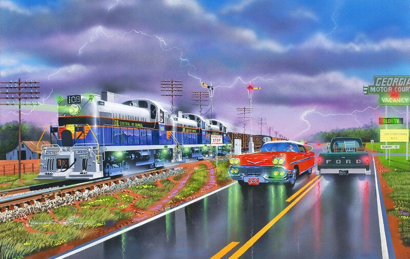 Train and Cars in Storm