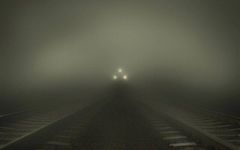 Train Approaching in Fog — Gray, Mysterious, Night