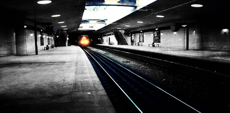 Train Approaching Station — Black, Dramatic, Night, Photograph